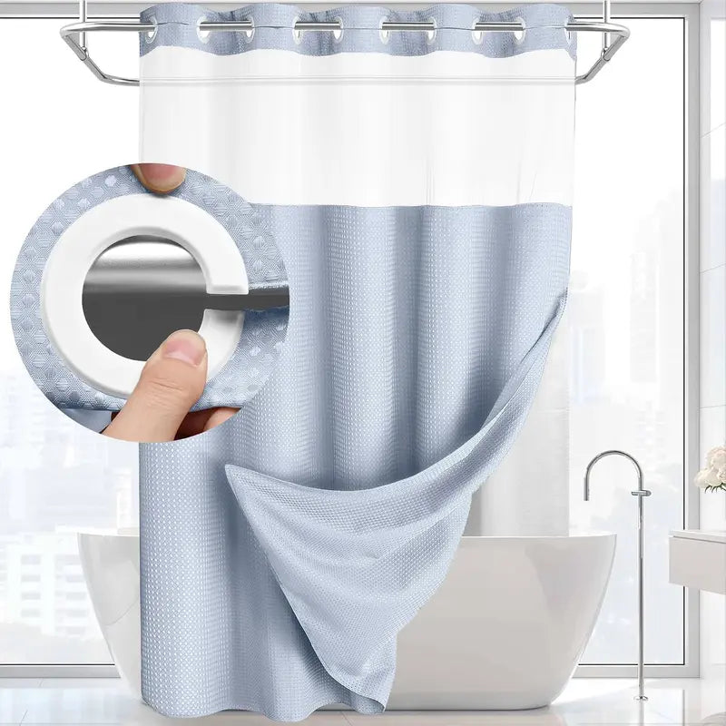Heavyweight Waffle Weave Shower Curtain – No-Hook Snap-On Design For Effortless Setup & Easy Cleaning