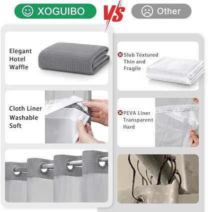 Heavyweight Waffle Weave Shower Curtain – No-Hook Snap-On Design For Effortless Setup & Easy Cleaning